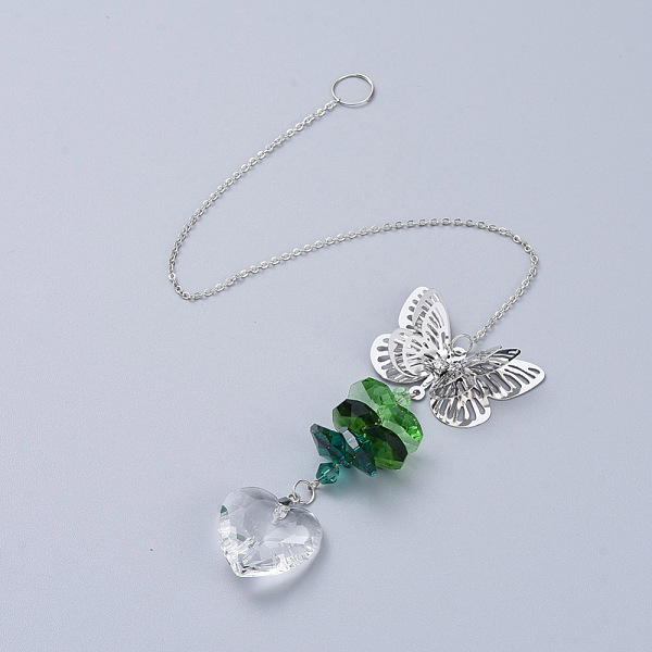 

PandaHall Crystals Chandelier Suncatchers Prisms, Heart Glass Hanging Pendant, with Rhinestone, Butterfly Iron Links and Cable Chain..., Green