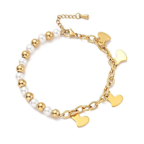 

PandaHall 201 Stainless Steel Heart Charm Bracelet, Plastic Pearl Beaded Bracelet with Vacuum Plating 304 Stainless Steel Cable Chains for..., White