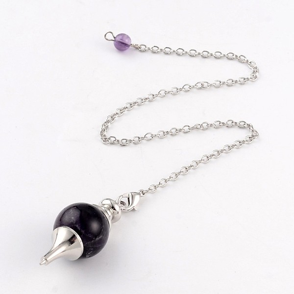 

PandaHall Natural Amethyst Sphere Dowsing Pendulums, with Platinum Plated Brass Cross Chain & Lobster Claw Clasps, 225~240mm Amethyst Round