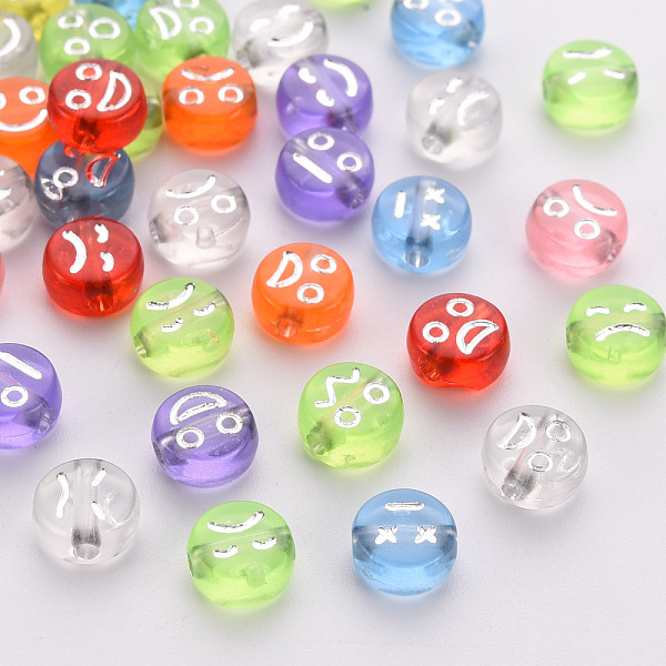

PandaHall Transparent Mixed Color Acrylic Beads, Metal Enlaced, Flat Round with Mixed Expression, Silver Plated, 7x3.5mm, Hole: 1.5mm, about..., Multicolor