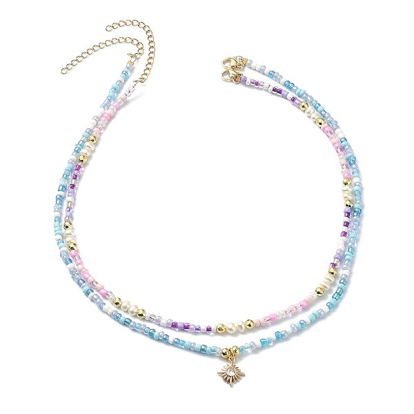 

PandaHall 2Pcs 2 Style Glass Seed Beaded Necklaces Set, Clear Cubic Zirconia Sun Charm Stackable Necklaces, Mixed Color, 14.76~16.34 inch..., Multicolor