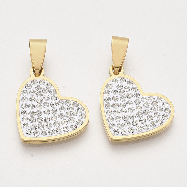 

PandaHall 201 Stainless Steel Pendants, with Random Size Snap On Bails and Polymer Clay Crystal Rhinestones, Heart, Golden, 18.5x21.5x2.5mm..., Clear
