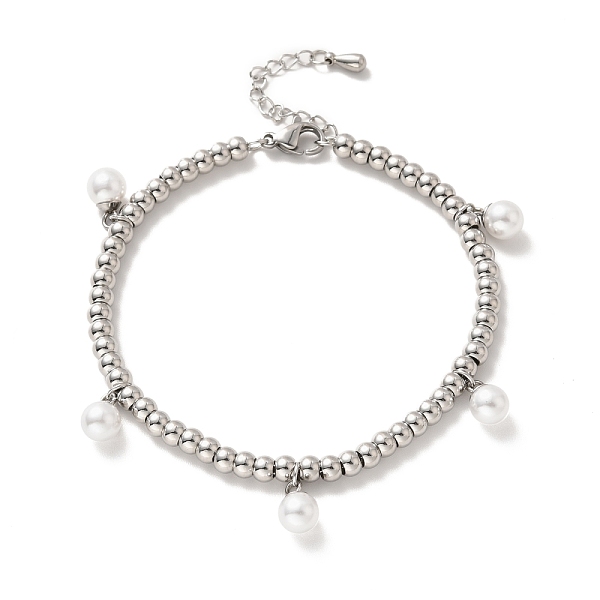 

PandaHall 304 Stainless Steel Plastic Pearl Charm Bracelet with 201 Stainless Steel Round Beads for Women, Stainless Steel Color, 8-5/8 inch...