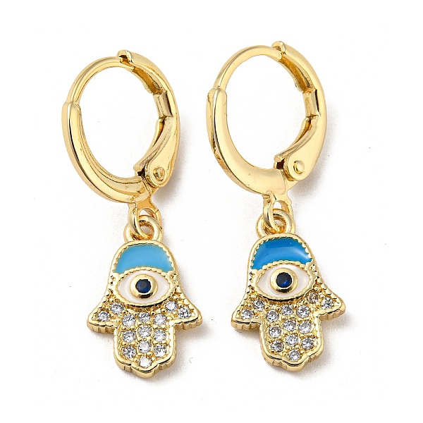 

PandaHall Real 18K Gold Plated Brass Dangle Leverback Earrings, with Enamel and Cubic Zirconia, Hamsa Hand with Evil Eye, Deep Sky Blue...