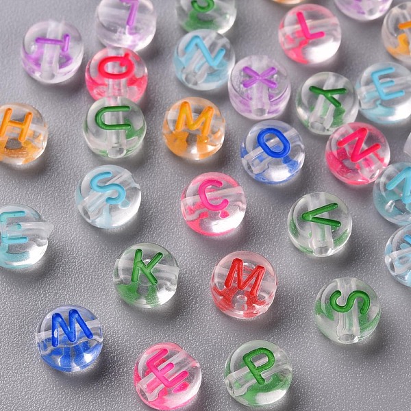 

PandaHall Transparent Clear Acrylic Beads, Horizontal Hole, Flat Round with Random Letter, Mixed Color, 7x4mm, Hole: 1.6mm, about..., Multicolor