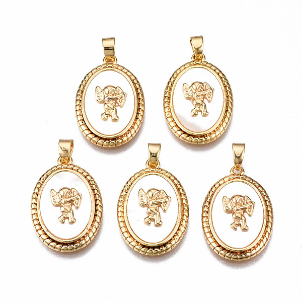 

PandaHall Natural Sea Shell Pendants, with Brass Findings, Nickel Free, Oval with Cupid/Cherub, Real 18K Gold Plated, 22x15x4mm, Hole: 2x4mm..., White