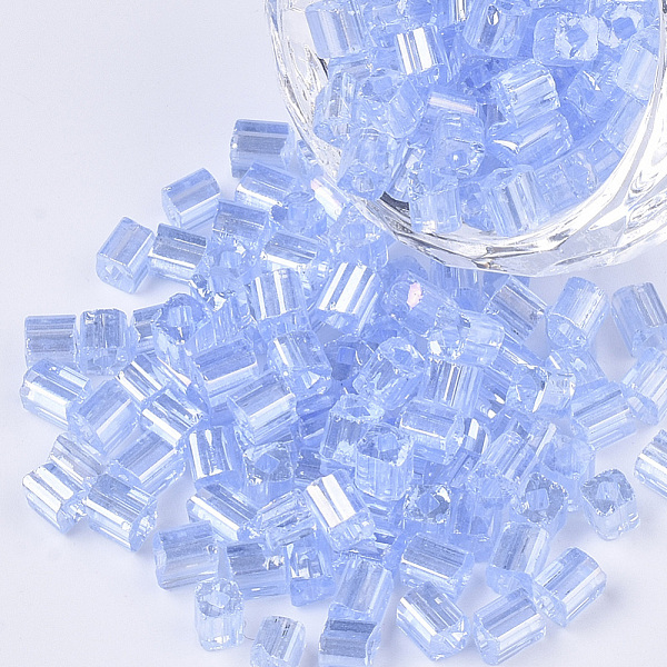 

PandaHall 6/0 Glass Seed Beads, Transparent Colours Rainbow, Square Hole, Cube, Cornflower Blue, 6/0, 3~5x3~4x3~4mm, Hole: 1.2~1.4mm, about...