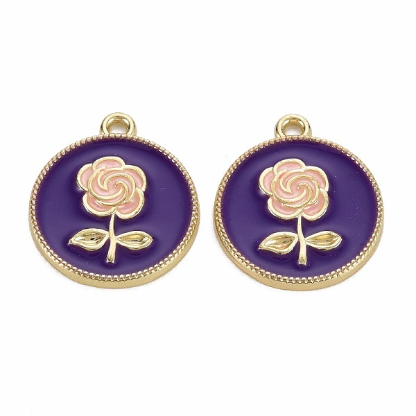 

PandaHall Rack Plating Alloy Pendants, with Enamel, Cadmium Free & Lead Free, Flat Round with Rose, Light Gold, Indigo, 20.5x18x2mm, Hole..., Purple