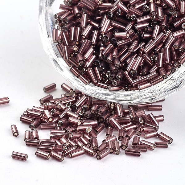 

PandaHall Silver Lined Round Hole Glass Bugle Beads, Old Rose, 3~5x1.8~2mm, Hole: 0.8mm, about 12000pcs/450g Glass Purple