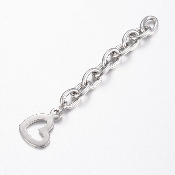PandaHall 201 Stainless Steel Chain Extender, with Heart Charms, Stainless Steel Color, 64x6mm 201 Stainless Steel