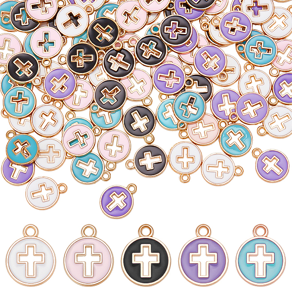 

PandaHall ARRICRAFT 100Pcs 5 Colors Light Gold Plated Alloy Enamel Pendants, Flat Round with Cross, Mixed Color, 15x12x1.5mm, Hole: 1.6mm..., Multicolor
