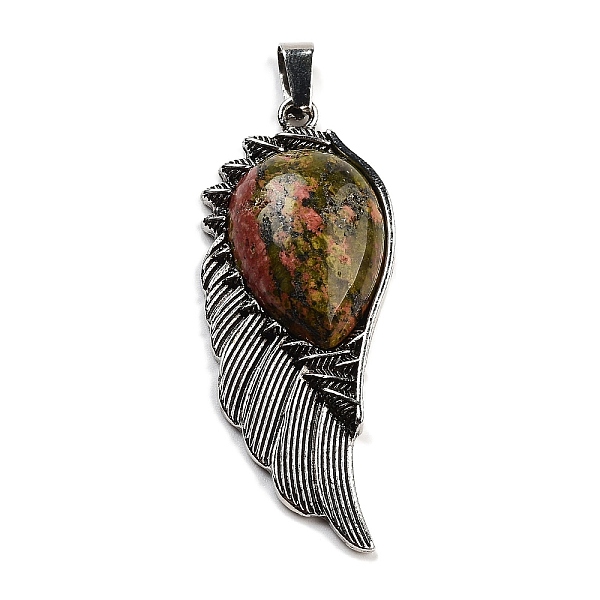 

PandaHall Natural Unakite Big Pendants, Wing Charms with Alloy Findings, Antique Silver, 56.5~57x22.5~23x7~8mm, Hole: 4x8.5mm Unakite Wing