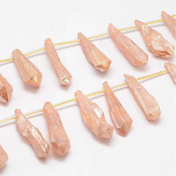 

PandaHall Electroplated Natural Quartz Crystal Beads Strands, Top Drilled Beads, Dyed, Teardrop, Wheat, 27~34x8~12x5~9mm, Hole: 1.5mm, about..., Orange