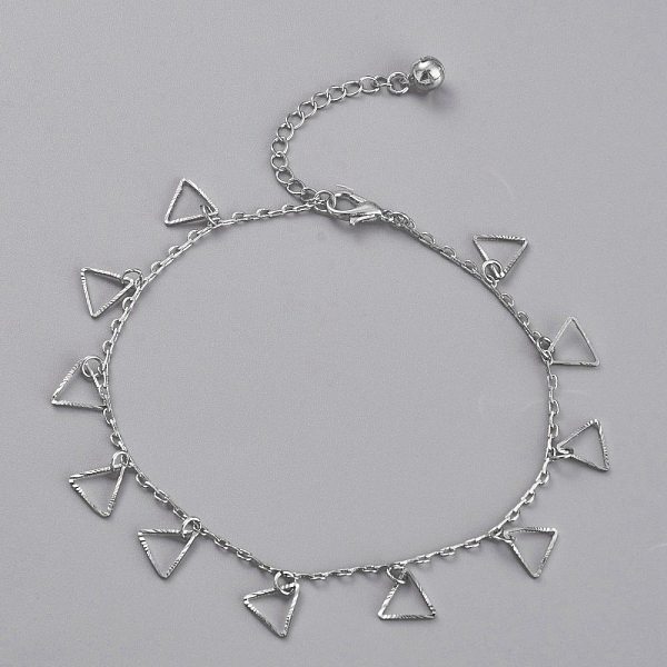 

PandaHall Brass Textured Triangle Charm Anklets, with Cable Chains and Bell Charms, Platinum, 8-5/8 inch(22cm) Brass