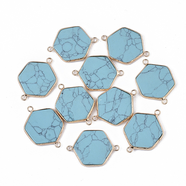 

PandaHall Synthetic Turquoise Links connectors, with Golden Tone Brass Open Back Settings, Hexagon, 35x25x3.5mm, Hole: 2mm Synthetic...