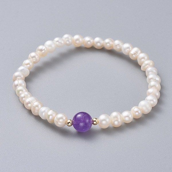 PandaHall Stretch Grade A Natural Freshwater Pearl Bracelets, with Natural Amethyst Beads and Brass Beads, 2 inch(5.1cm) Amethyst