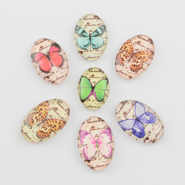 

PandaHall Butterfly Pattern Printed Glass Cabochons, Oval, Mixed Color, 18x13x4.5~5.5mm Glass Oval Multicolor