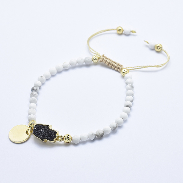 

PandaHall Natural Howlite Braided Bead Bracelets, with Electroplated Natural Lava Rock Beads, Druzy Crystal, Nylon Cord and Brass Findings...