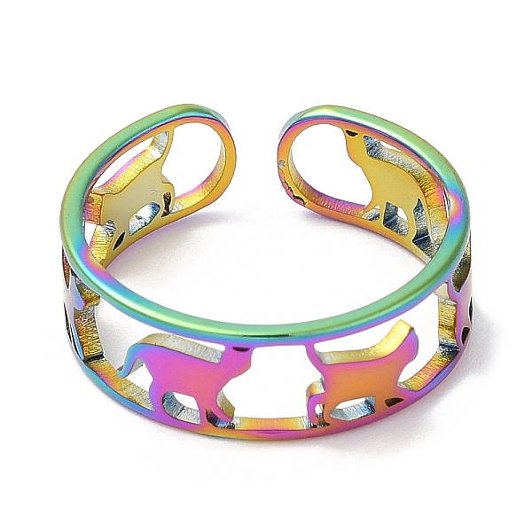 

PandaHall Ion Plating(IP) 304 Stainless Steel Cat Open Cuff Ring for Women, Rainbow Color, Inner Diameter: 16.4mm 304 Stainless Steel
