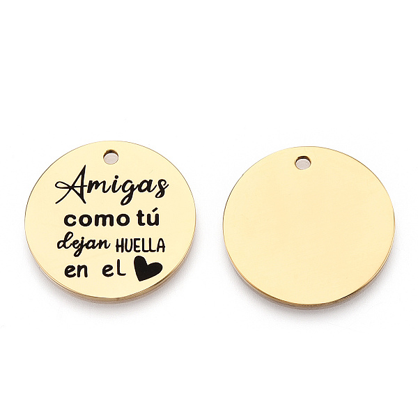 

PandaHall 201 Stainless Steel Pendants, Flat Round with Word Amigas & Heart, Golden, 30x1.5mm, Hole: 2mm 201 Stainless Steel Flat Round