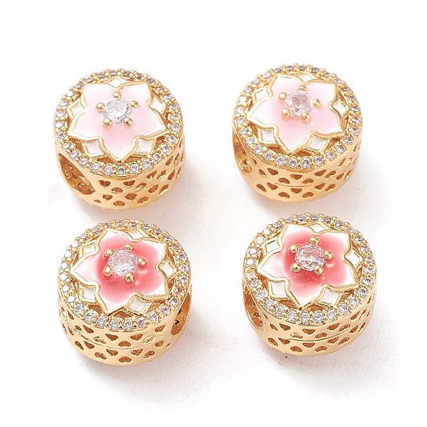 

PandaHall Brass Enamel European Beads, Large Hole Beads, Long-lasting Plated, with Micro Pave Clear Cubic Zirconia, Flat Round with Flower..., Multicolor