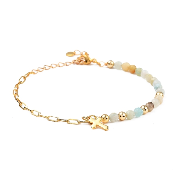 

PandaHall Charm Bracelets, with Natural Flower Amazonite Beads, 304 Stainless Steel Cross Charms, Brass Paperclip Chains & Round Beads...