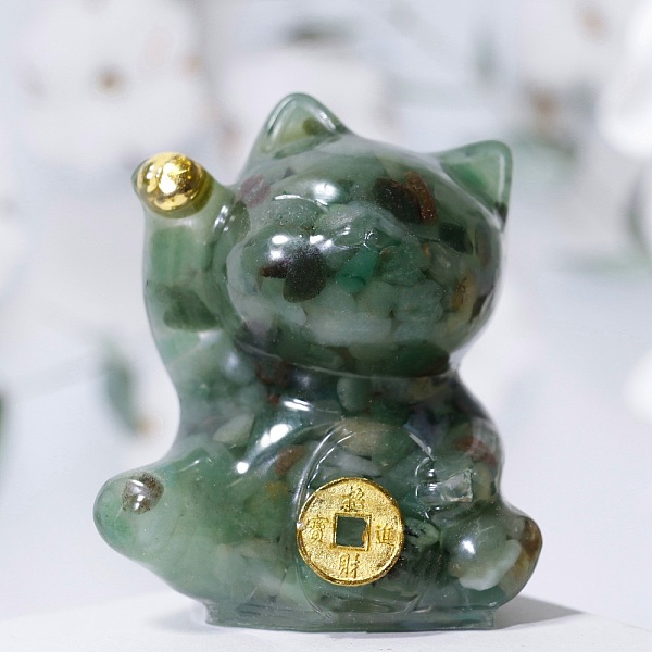 

PandaHall Resin Craft Display Decorations, with Natural Green Aventurine Chip, Lucky Cat Figurine, for Home Feng Shui Ornament, 63x55x45mm...
