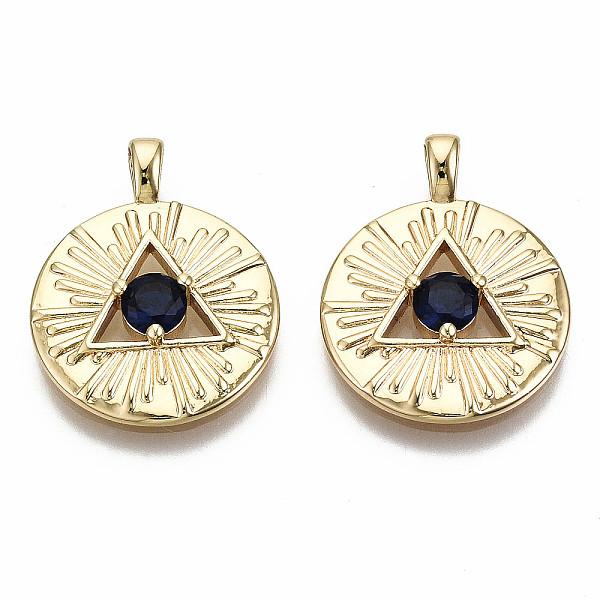 

PandaHall Brass Micro Pave Blue Cubic Zirconia Pendants, Nickel Free, Flat Round with All Seeing Eye, Real 18K Gold Plated, 22x17x3mm, Hole...