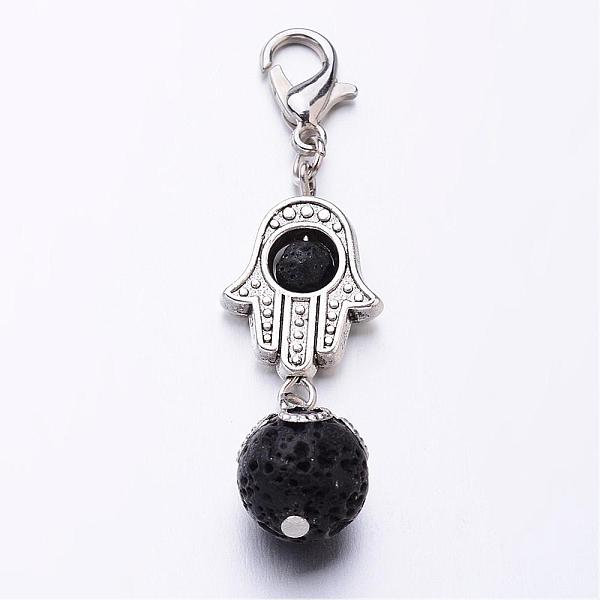 

PandaHall Natural Lava Rock Pendants, Hamsa Hand/Hand of Fatima/Hand of Miriam, with Alloy Lobster Claw Clasps and Iron Findings, 48mm Lava...