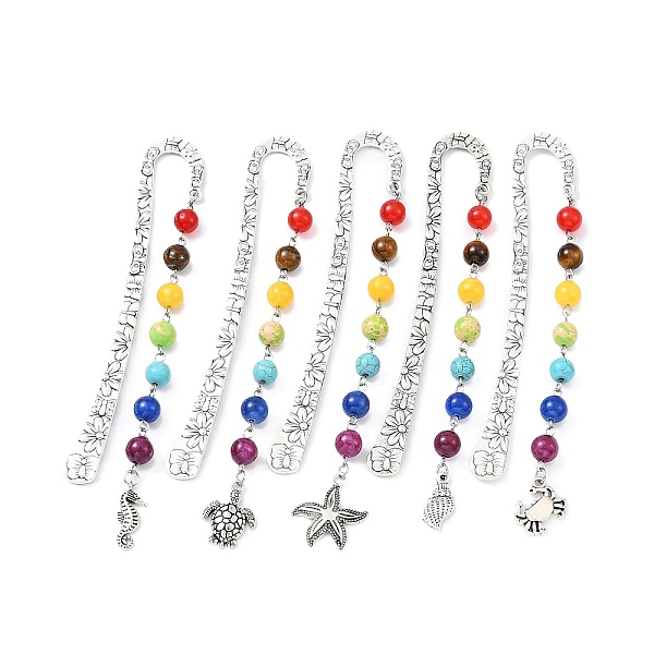 

PandaHall Marine Theme Alloy Hook Bookmarks, Mixed Chakra Gemstone Round Beaded Pendant Bookmark, Mixed Shapes, 137~141x21mm Alloy Mixed...