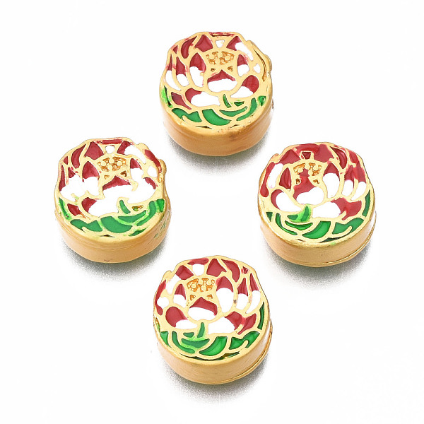 

PandaHall Rack Plating Alloy Enamel Beads, Cadmium Free & Lead Free, Matte Gold Color, Flat Round with Flower, Dark Red, 11x11x5mm, Hole...