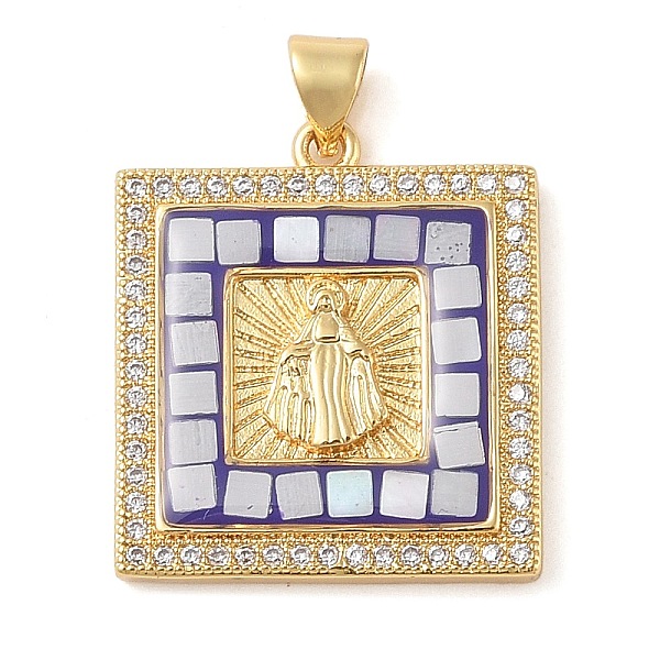 

PandaHall Brass & Shell & Clear Cubic Zirconia Pendants, Square with Virgin Mary Pattern, Real 18K Gold Plated, Blue, 24.5x21.5x3.5mm, Hole...