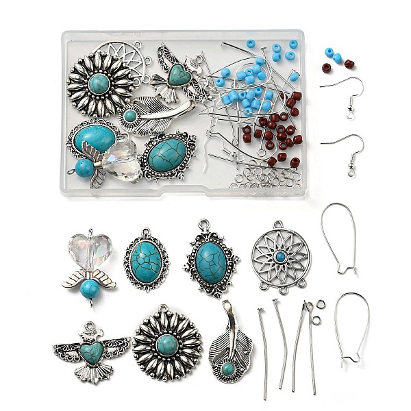 

PandaHall DIY Ethnic Earring Making Kit, Including Oval & Glede & Leaf & Angel Alloy Pendants with Synthetic Turquoise, Glass Seed Beads...