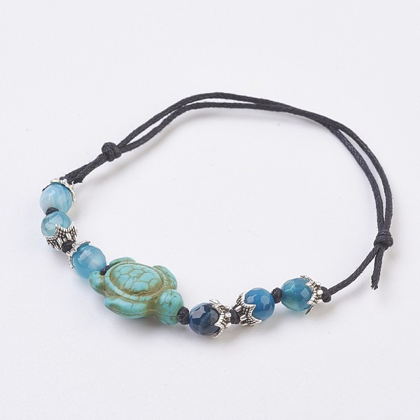 

PandaHall Adjustable Cotton Waxed Cord Bracelets, with Round Natural Striped Agate/Banded Agate and Synthetic Turquoise(Dyed) Tortoise..., Multicolor