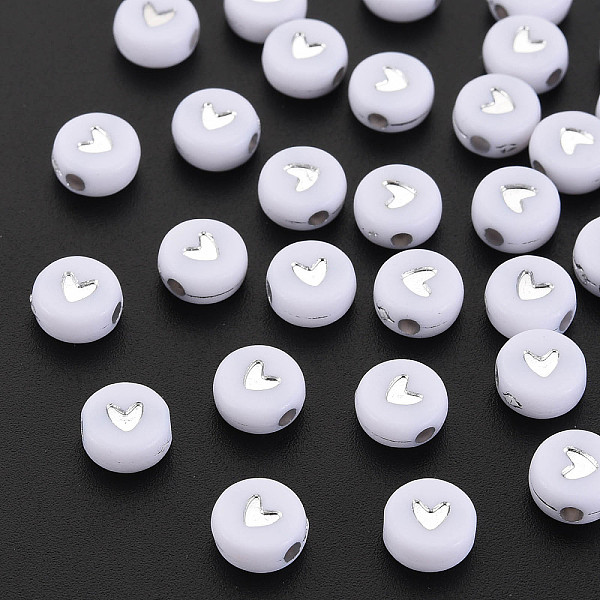 

PandaHall Plating Acrylic Beads, Metal Enlaced, Flat Round with Heart, Silver Plated, 6.5~7x3.7mm, Hole: 1.8mm, about 365pcs/50g Acrylic..., White