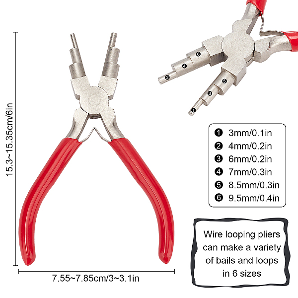 

PandaHall SUNNYCLUE 6-in-1 Bail Making Pliers, 45# Carbon Steel 6-Step Multi-Size Wire Looping Forming Pliers, Ferronickel, for Loops and..., Red