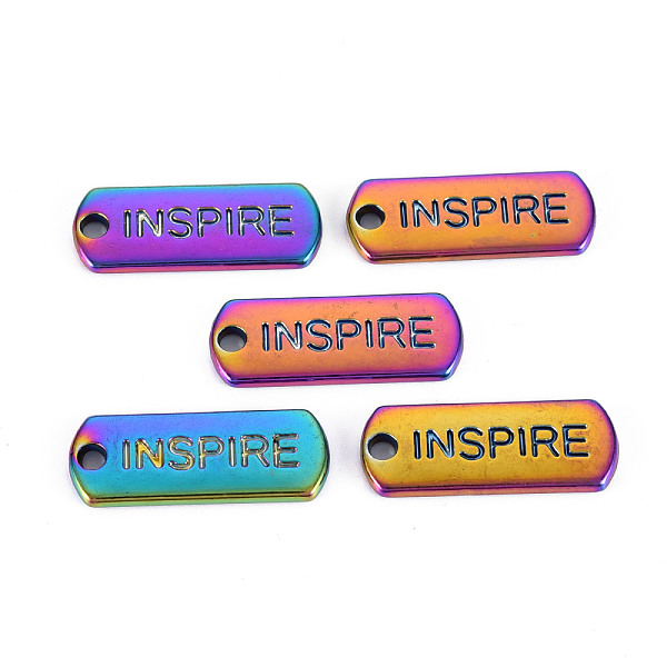 

PandaHall Rainbow Color Alloy Charms, Cadmium Free & Nickel Free & Lead Free, Oval with Inspire, 21x8x1.8mm, Hole: 2mm Alloy Oval