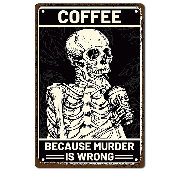 PandaHall Iron Sign Posters, Vertical, for Home Wall Decoration, Rectangle with Word Coffee Because Murder is Wrong, Skull Pattern...
