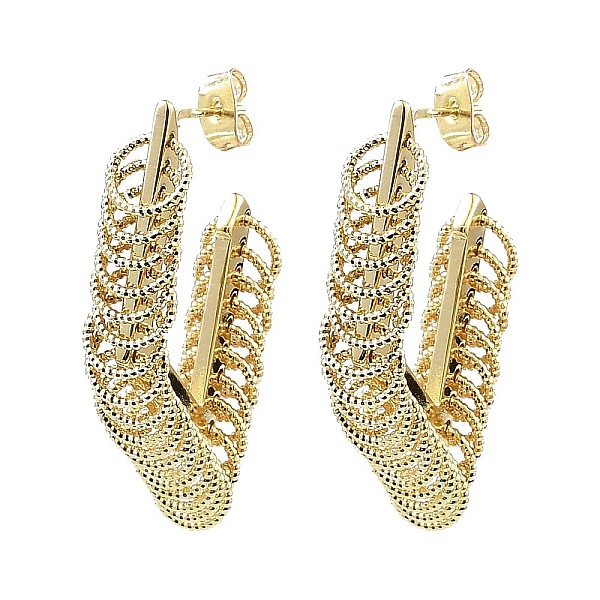 

PandaHall Brass Rhombus with Rings Stud Earrings, Half Hoop Earrings, Real 16K Gold Plated, 43x25x7.5mm Brass Rhombus