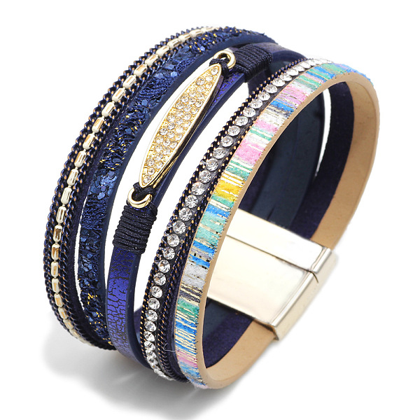 

PandaHall PU Leather Multi-strand Bracelets, with Alloy Magnetic Clasp and Rhinestone, Oval, Colorful, 7-1/2 inch(19cm), 30mm Wide Alloy