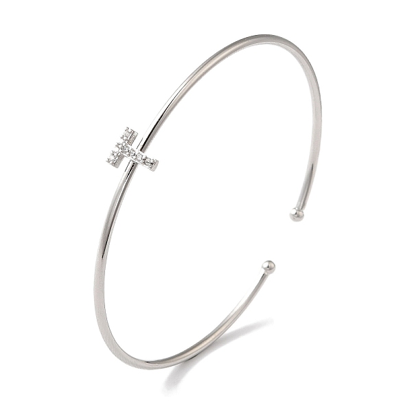 

PandaHall Rack Plating Brass Micro Pave Clear Cubic Zirconia Letter Open Cuff Bangles, Torque Bangles for Women, Platinum, Lead Free &...