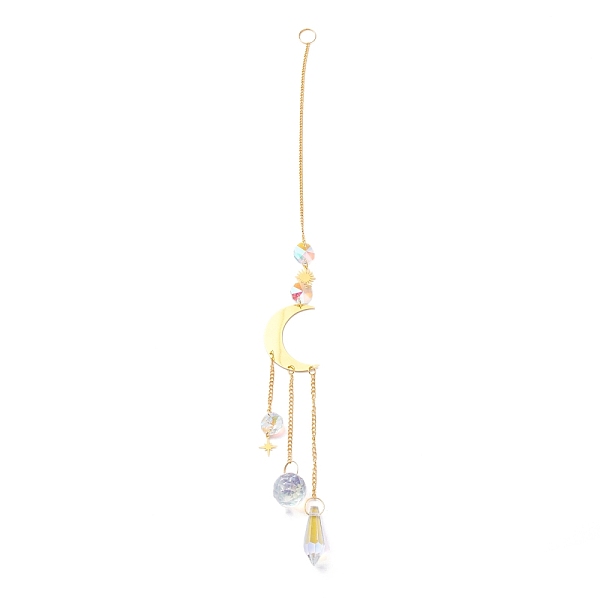PandaHall Hanging Crystal Aurora Wind Chimes, with Prismatic Pendant and Moon-shaped Iron Link, for Home Window Chandelier Decoration...