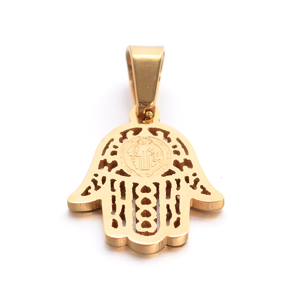 

PandaHall 304 Stainless Steel Pendants, Hamsa Hand/Hand of Fatima/Hand of Miriam, Golden, 17.5x14x1.5mm, Hole: 6.5x4mm 304 Stainless Steel...