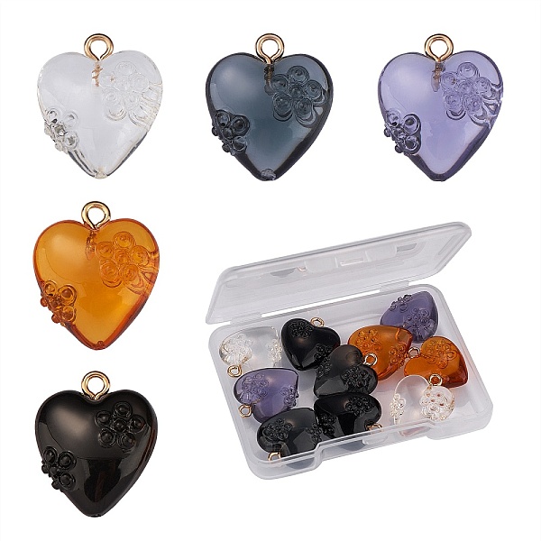 

PandaHall 10Pcs 5 Colors Transparent & Opaque Resin Pendants, with Golden Tone Iron Loops, Heart with Flower, Mixed Color, 20x17x8.5mm, Hole..., Multicolor