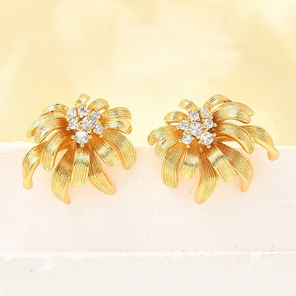 Flower Brass Micro Pave Cubic Zirconia Stud Earrings