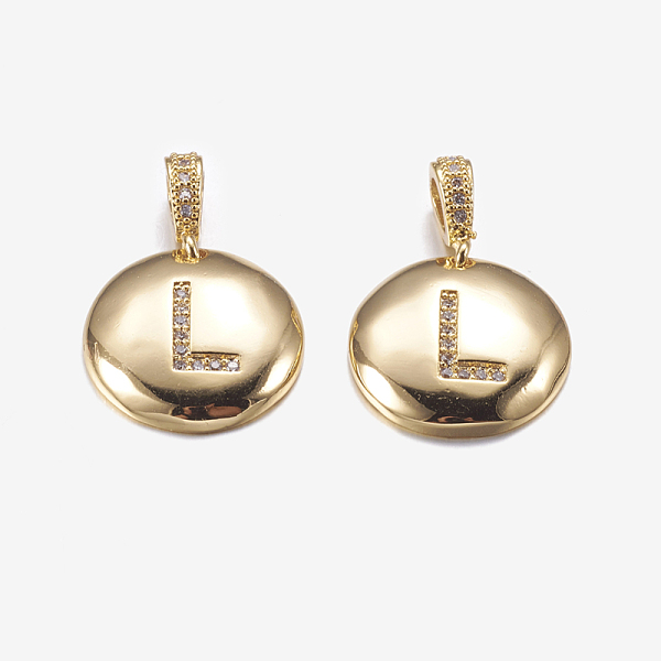 

PandaHall Brass Pendants, with Cubic Zirconia, Cadmium Free & Lead Free, Flat Round with Letter, Golden, Letter.L, 22mm, Hole: 2x3mm...