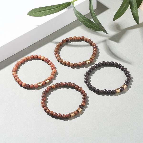 Natural Wood Round Beaded Stretch Bracelet With Synthetic Hematite For Men Women