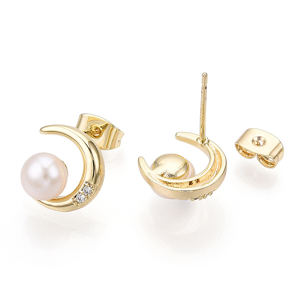 

PandaHall Natural Pearl Stud Earrings with Cubic Zirconia, Brass Moon Earrings with 925 Sterling Silver Pins, Real 18K Gold Plated, 11x11mm...