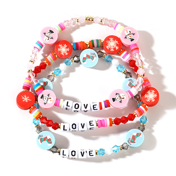 3Pcs Christmas Theme Handmade Polymer Clay & Glass Bicone Beads Stretch Bracelet Sets, with Word Love, Mixed Color, 6-7/8 inch(17.5cm)