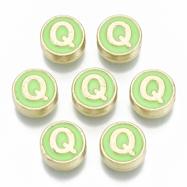 PandaHall Alloy Enamel Beads, Cadmium Free & Nickel Free & Lead Free, Flat Round with Initial Letters, Light Gold, Letter. Q, 8x4mm, Hole...